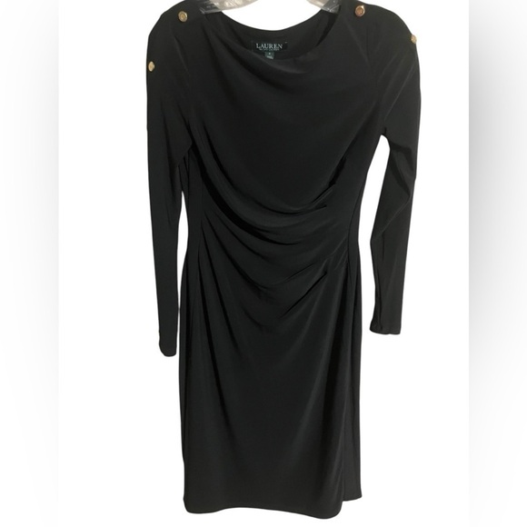 Lauren Ralph Lauren Slimming Blk Ruched Knee Lgth ButtonSleeve Detail Drees Sz 2 - Picture 2 of 7